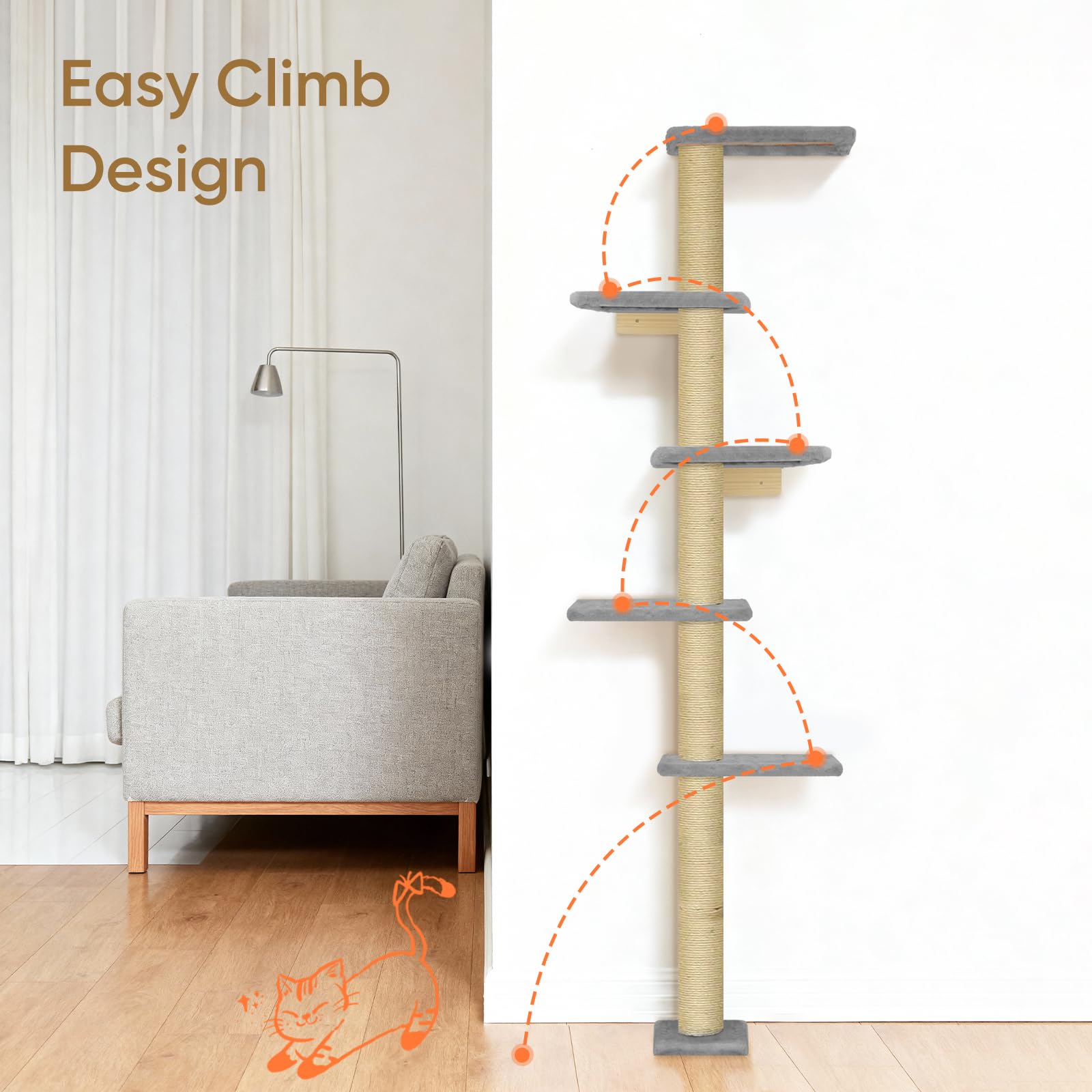 PAWSCRAT Cat Wall Shelves, Wall-Mounted Cat Tree, 5 Tier Floor to Ceiling Cats Tower, 80 Inch Wall-Mounted Cat Scratching Post, Space Saving Cat Furniture and Easliy Climb for All Cats, Gery - image 5