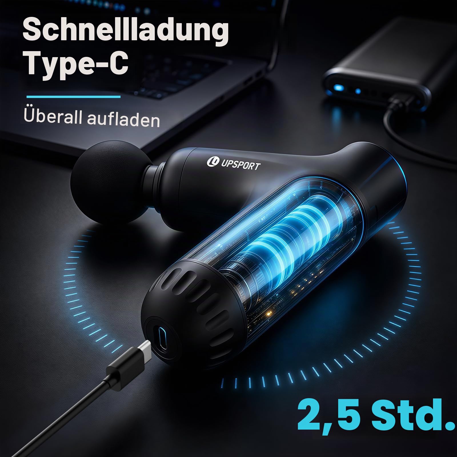 Massagepistole Rücken mit 50cm Verlängerung zur Selbstmassage Gun | 7kg Kraft Turbo Perkussion Deep Tissue Massagegerät für Muskelentspannung, 4 Stufen 4 Köpfe USB-C Laden Handmassagegerät