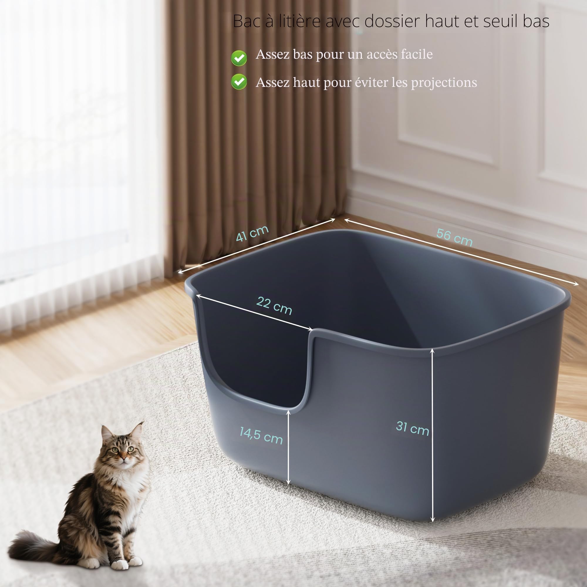 Vealind Grand bac à litière pour Chat à Bords Hauts Extra Profonds pour la Maison de Plusieurs Chats, bac à litière Haute paroi Anti-éclaboussures
