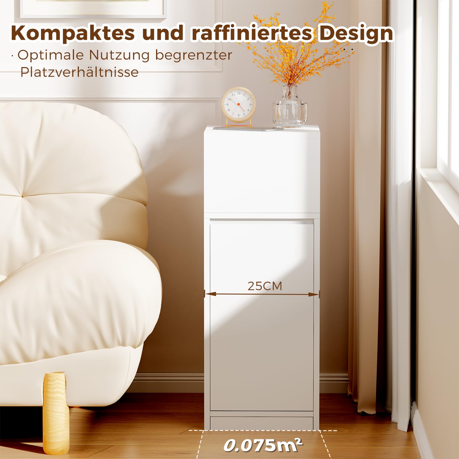 BEWISHOME Nachttisch 2er Set,Schmal,Beistelltisch mit 1 Tür | mit offenem Fach und höhenverstellbarer Trennwand,Schlafzimmer,Wohnzimmer,Weiß,65 x 25 x 30cm,EFCG13W