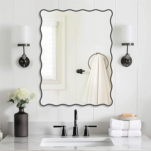 Miniatura 9 de Espejo Ondulado Dorado con Marco de Madera Blanca, 18" x 24" Espejo Rectangular Pequeño Boho para Decoración de Pared de Guardería, Tocador de Baño