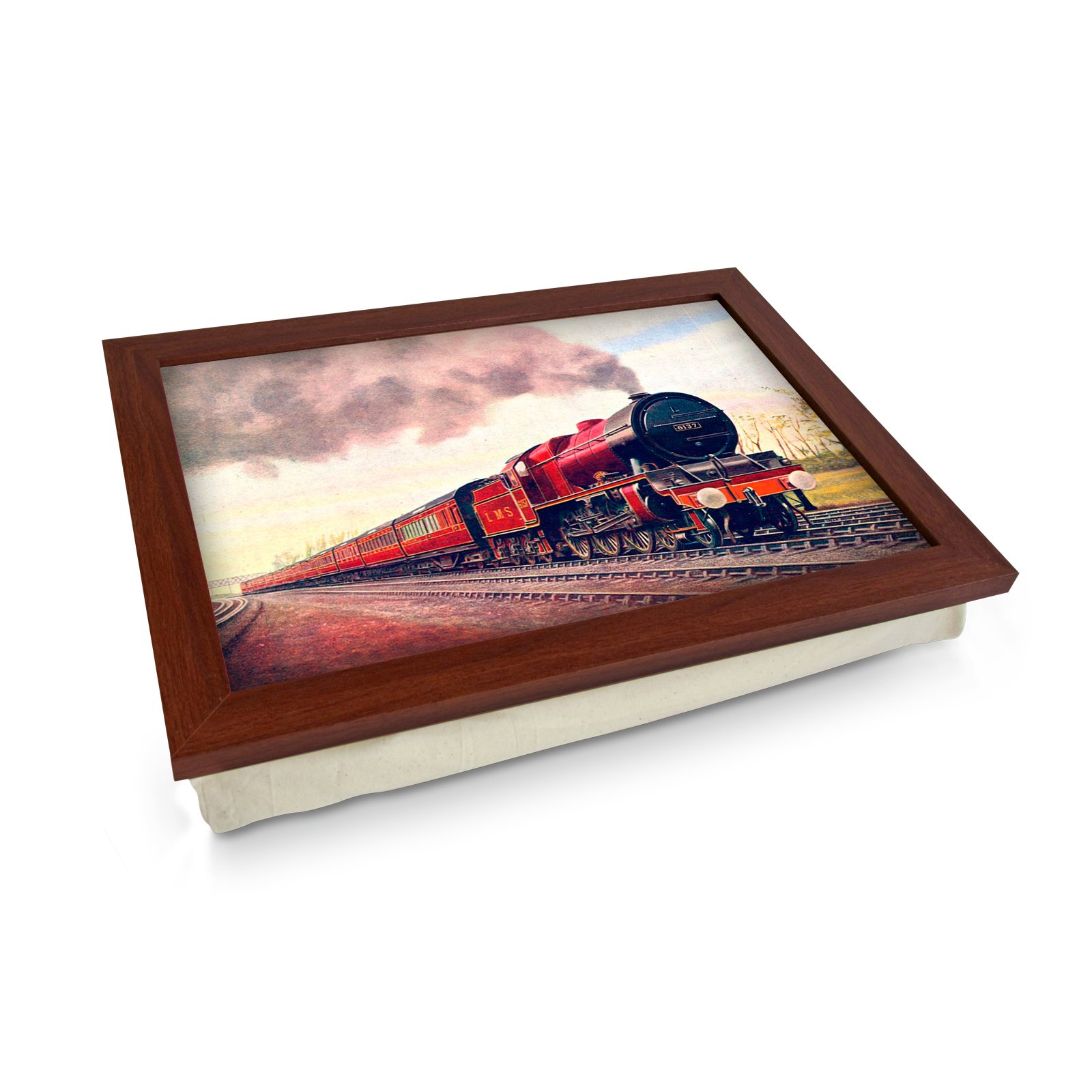Portable Lap Desk Tray (Royal Scotsman Train 1928) Handmade Wood Frame, Beanbag Cushioned Bottom | Ideal For Laptops, Tablets, Meals | L118 Brown Frame Cream Base