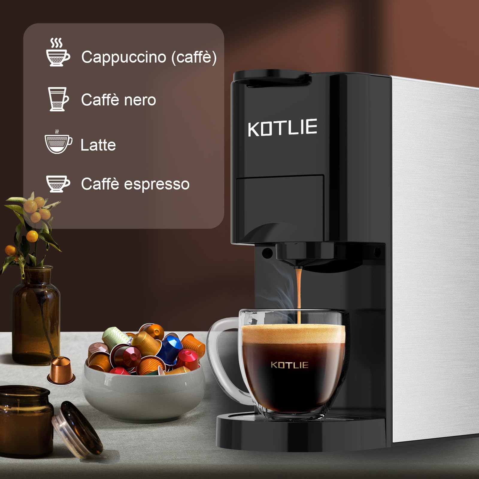 KOTLIE AC-513K Macchina da Caffè 4 in 1 per Nespresso Original/Dolce Gusto/Caffè Macinato/ESE Pads(44mm), 19 Bar, 800 ML