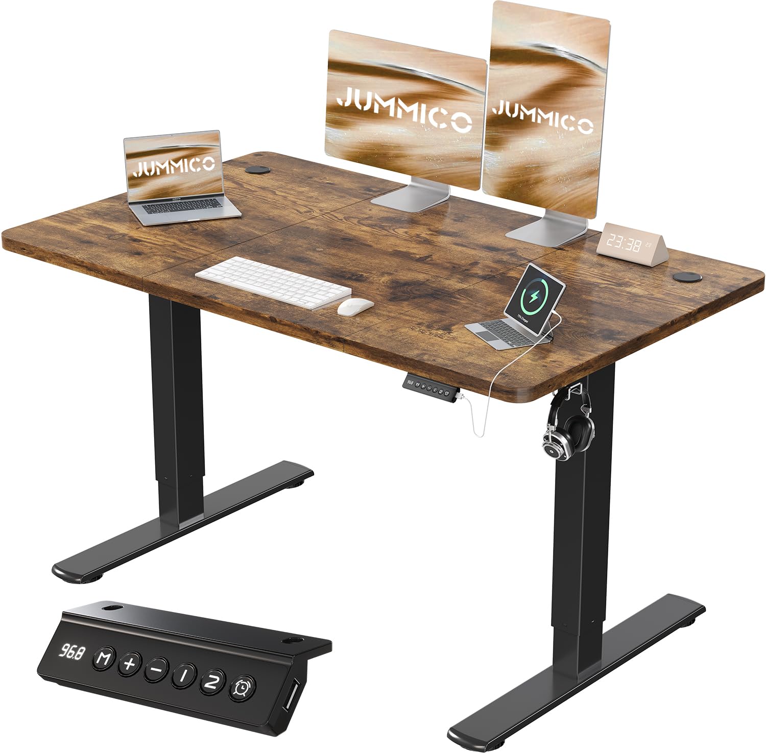 JUMMICO height-adjustable desk in a modern office setting, showing minimum and maximum height settings.