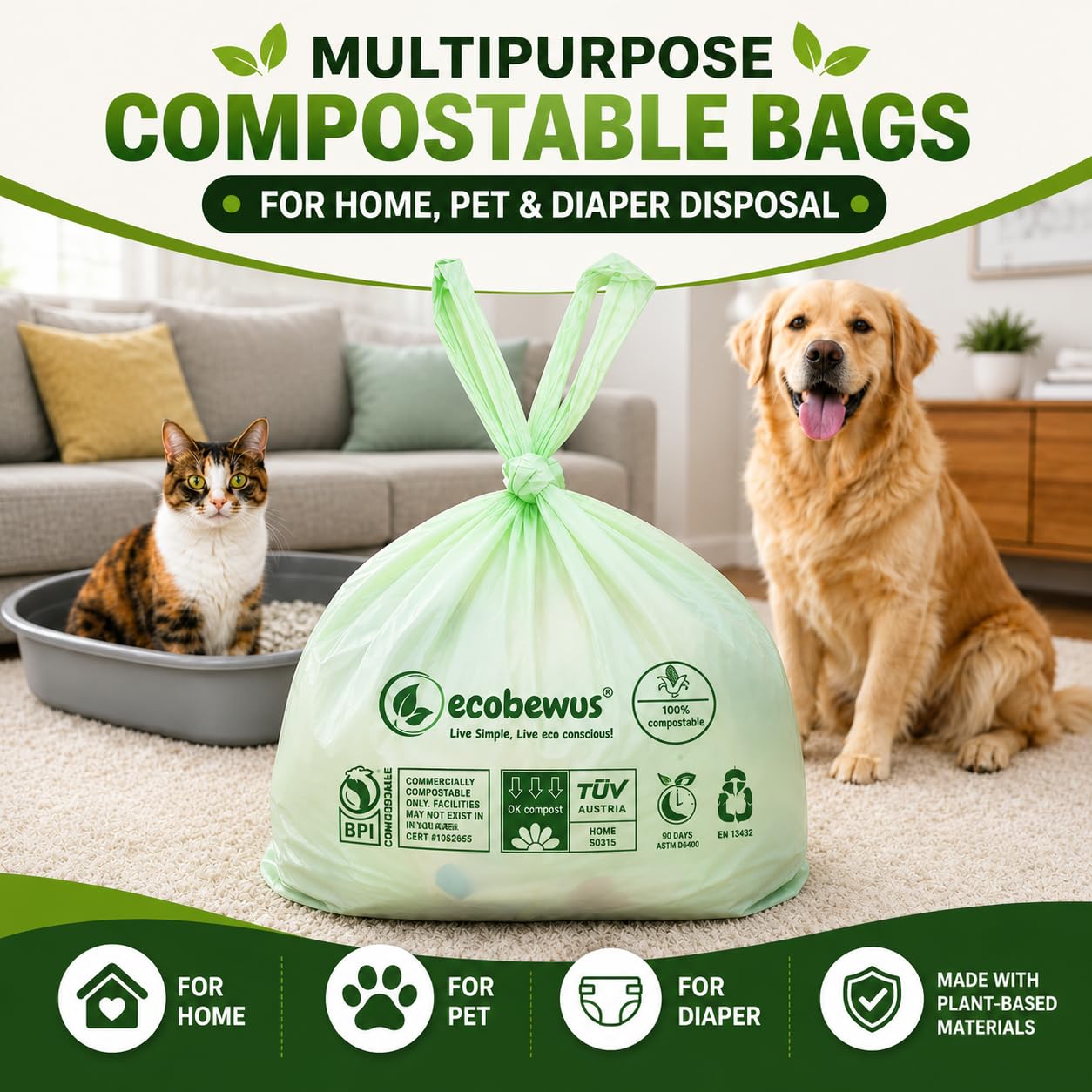 Bolsas 100 % compostables de 2.6 galones, con parte superior plana (125 bolsas), pequeñas bolsas de basura desechables para compostaje, bolsas de basura para alimentos, certificado BPI de EE. UU., TUV
