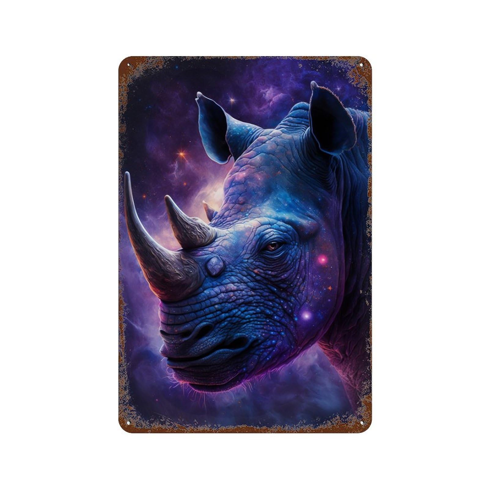 Galactic Rhino Portrait -1 11.8"x7.9" Distressed Metal Wall Sign, Shabby Chic Decor for Office, Studio And Wall Decor