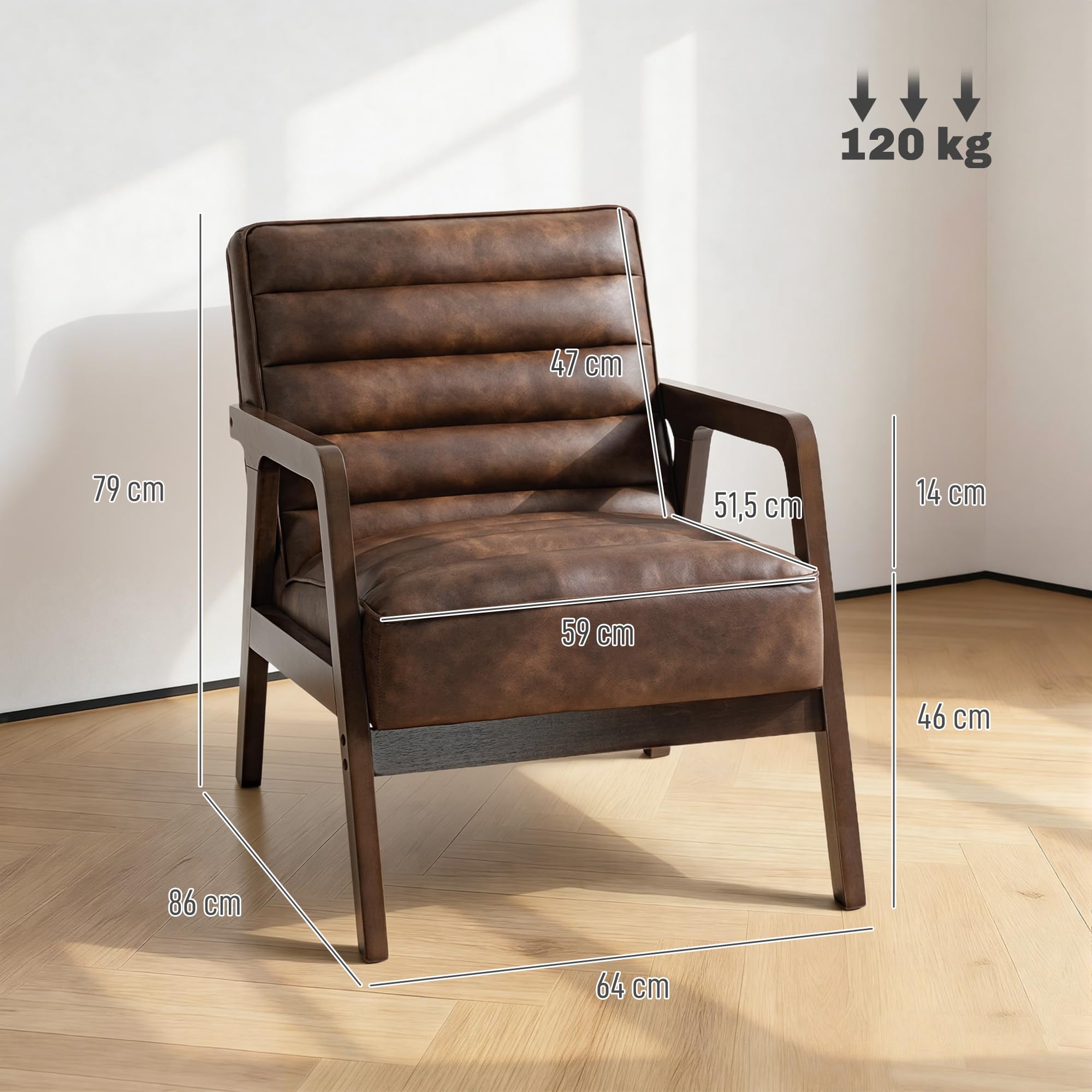 HOMCOM Butaca de Salón, Tapizado en PU, Sillón Lectura con Marco de Madera Maciza, Asiento Acolchado, Asiento Amplio, Butaca para Sala de Estar, Dormitorio, Marrón