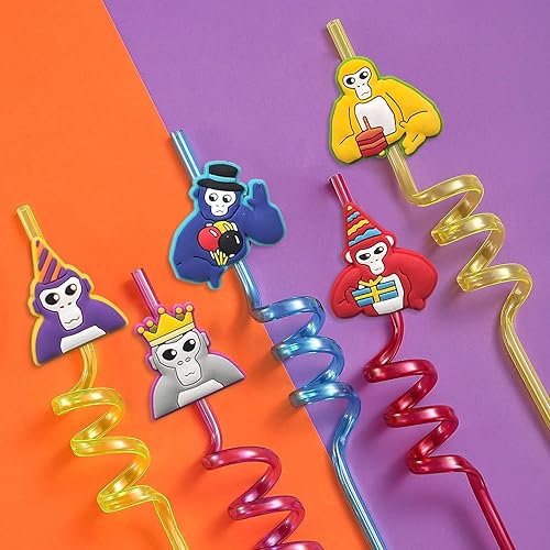 Miniatura 5 de 24 popotes de plástico reutilizables con temática de juego Gori-lla para fiestas de cumpleaños, con 2 cepillos de limpieza para fiestas temáticas de