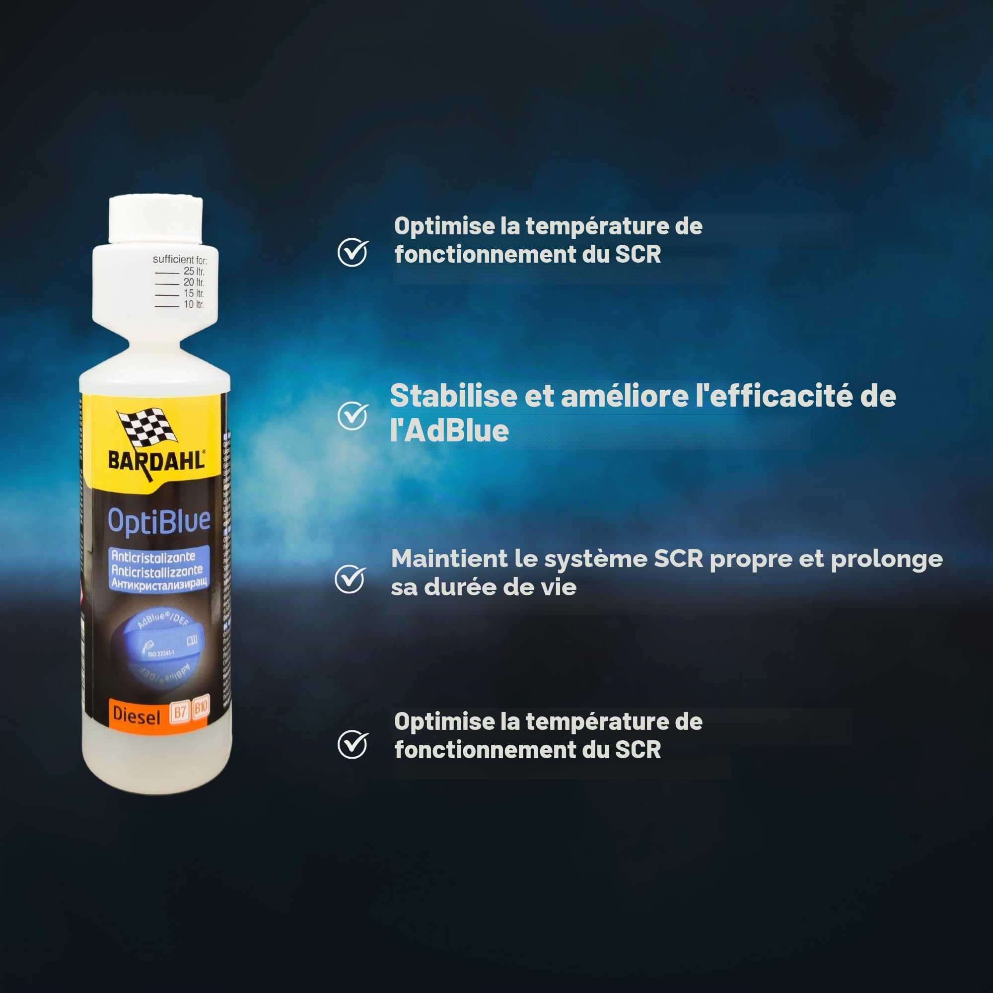 Bardahl - OptiBlue - Additif anticristallisant pour AdBlue, améliore l'efficacité, nettoie le système SCR et protège les injecteurs AdBlue, pour les voitures diesel avec SCR AdBlue, 250 ml