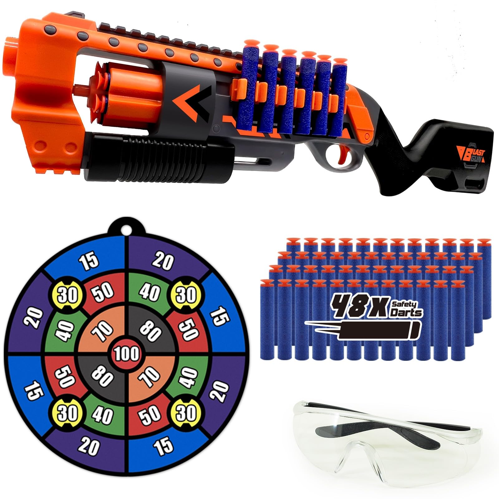 Foam Blaster Toy Gun, Rotating Drum, Slam Fire, Pump Action, Includes 48 Darts, Target Board, Goggle
