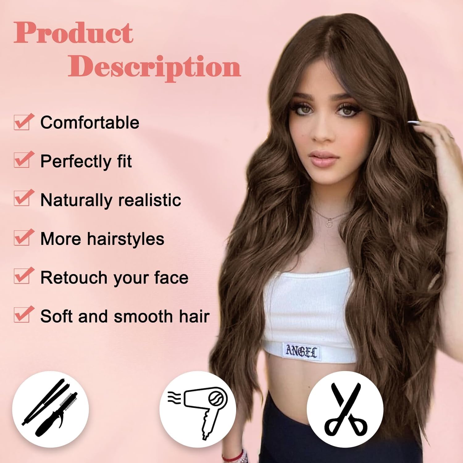 PORSMEER Long Dark Brown Wavy Wig for Women 26 Inch Lace Middle Part Curly Natural Looking Synthetic Heat Resistant Fiber for Daily Party Use - Image 2