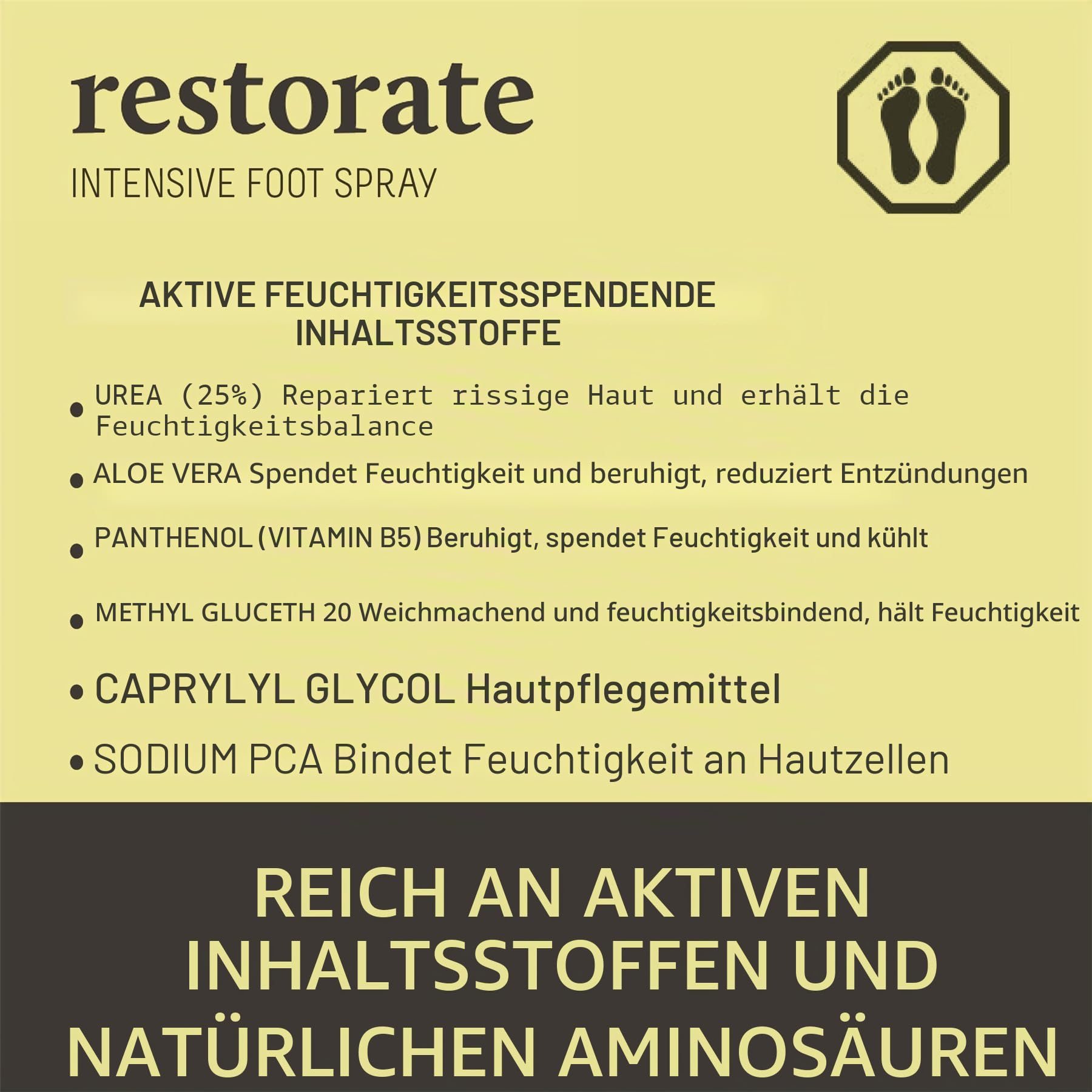 Restorate Intensives Fußspray, 113 ml, No-Touch und nicht fettende Anwendung, von Podologen entworfene, luxuriöse Reparatur für rissige Ferse und Hornhaut, enthält 25 % Urea, Vit B5 und Aloe Vera
