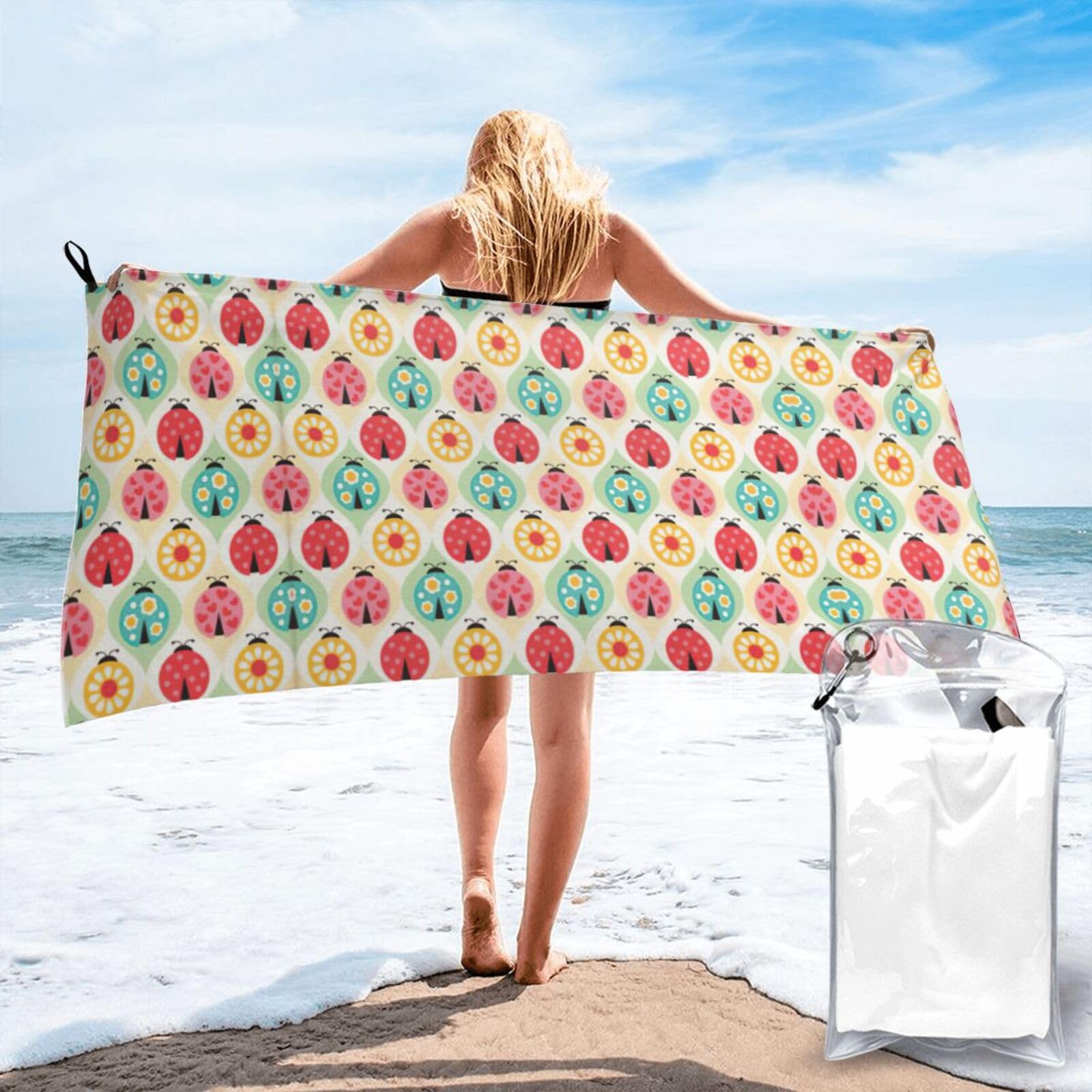 SDEGTHO Ladybugs Cartoon Pattern Print Beach Towel Quick Dry Portable For Swimming Yoga Adults Fitness