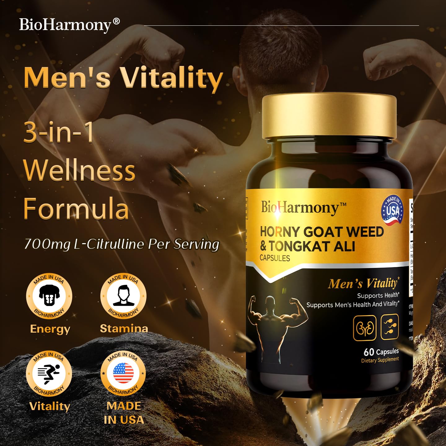 BioHarmony Hornygoatweed for Men, Tongkat Ali & L-Citrulline Supplement– 3-in-1 – Supports Male Vitality, Stamina,Energy & Endurance – 60 Capsules — Amazon image 2