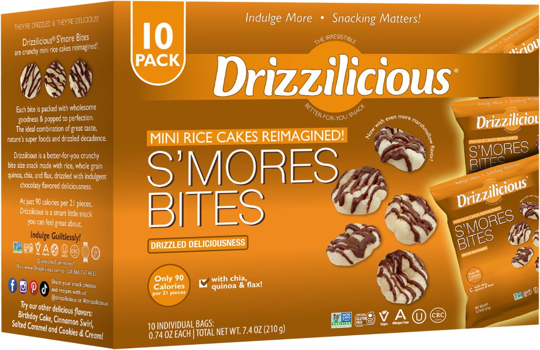 Drizzilicious Mini Flavored Rice Cakes S'mores - Rice Crisps, Healthy Snack for Adults and Kids, Vegan, Gluten Free Snack, Allergen Free, Only 90 Calories Per Bag - 0.74 oz (Pack of 10)