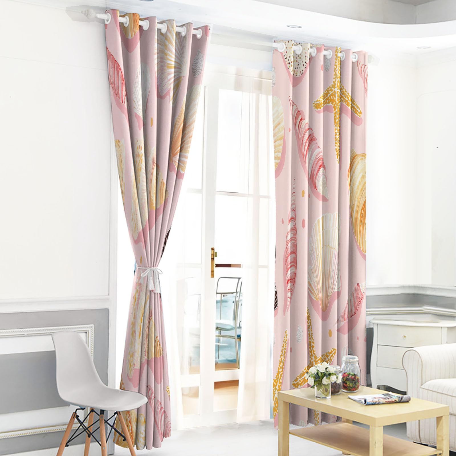 Rideau Occultant Thermiques Anti Froid Coquillage De Dessin Animé Imprimé 140Lx240H Cm Rideaux Opaques pour Salon Chambre, Jolie Illustration Design avec Oeillet Poudre Blush Lot De 2 De Cuisine