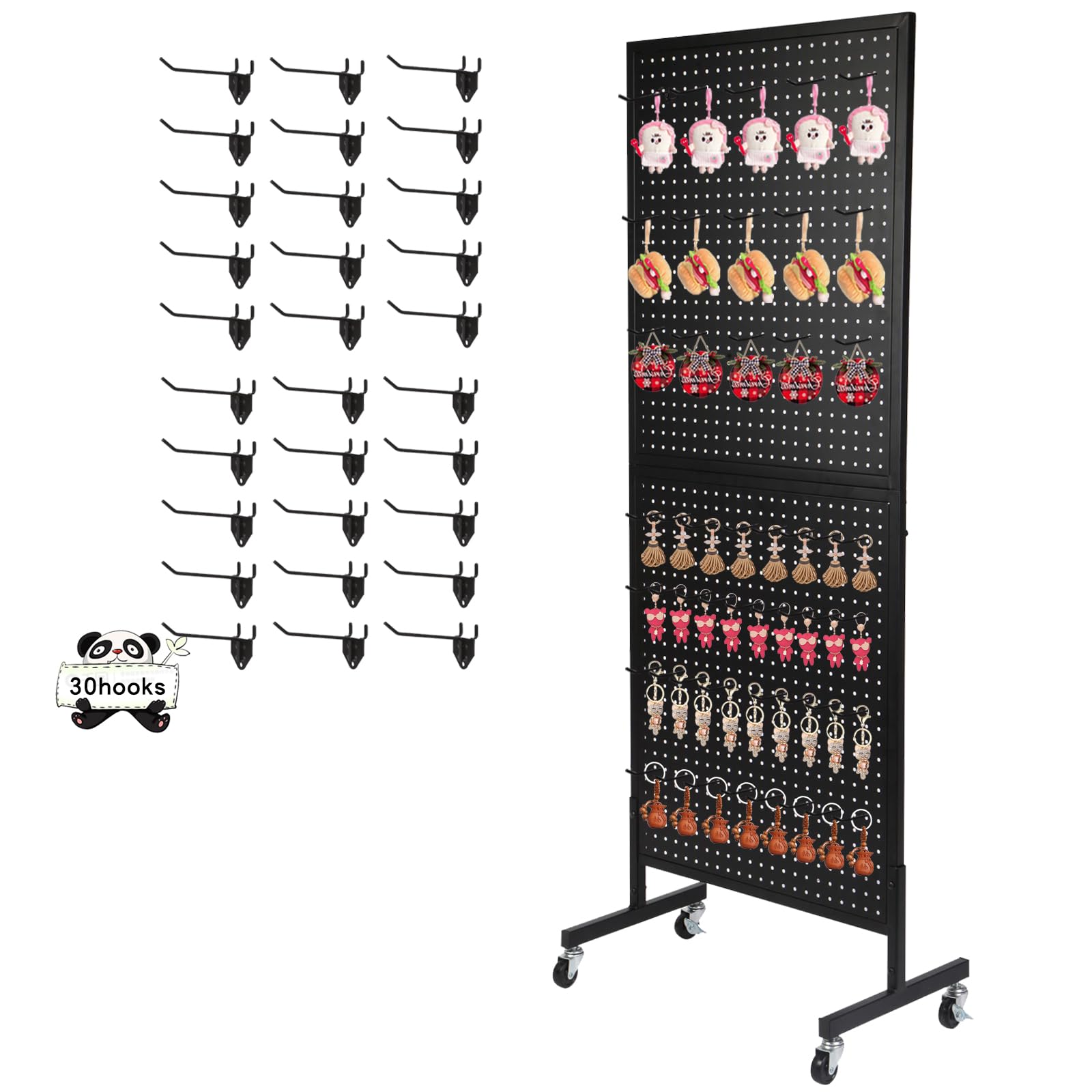 Eastern Tree Metal Pegboard Display Stand 2'x 5'with 30 Hooks, Pegboard Panels Display with Wheels, Peg board Display Rack, Standing Pegboard Display- Black