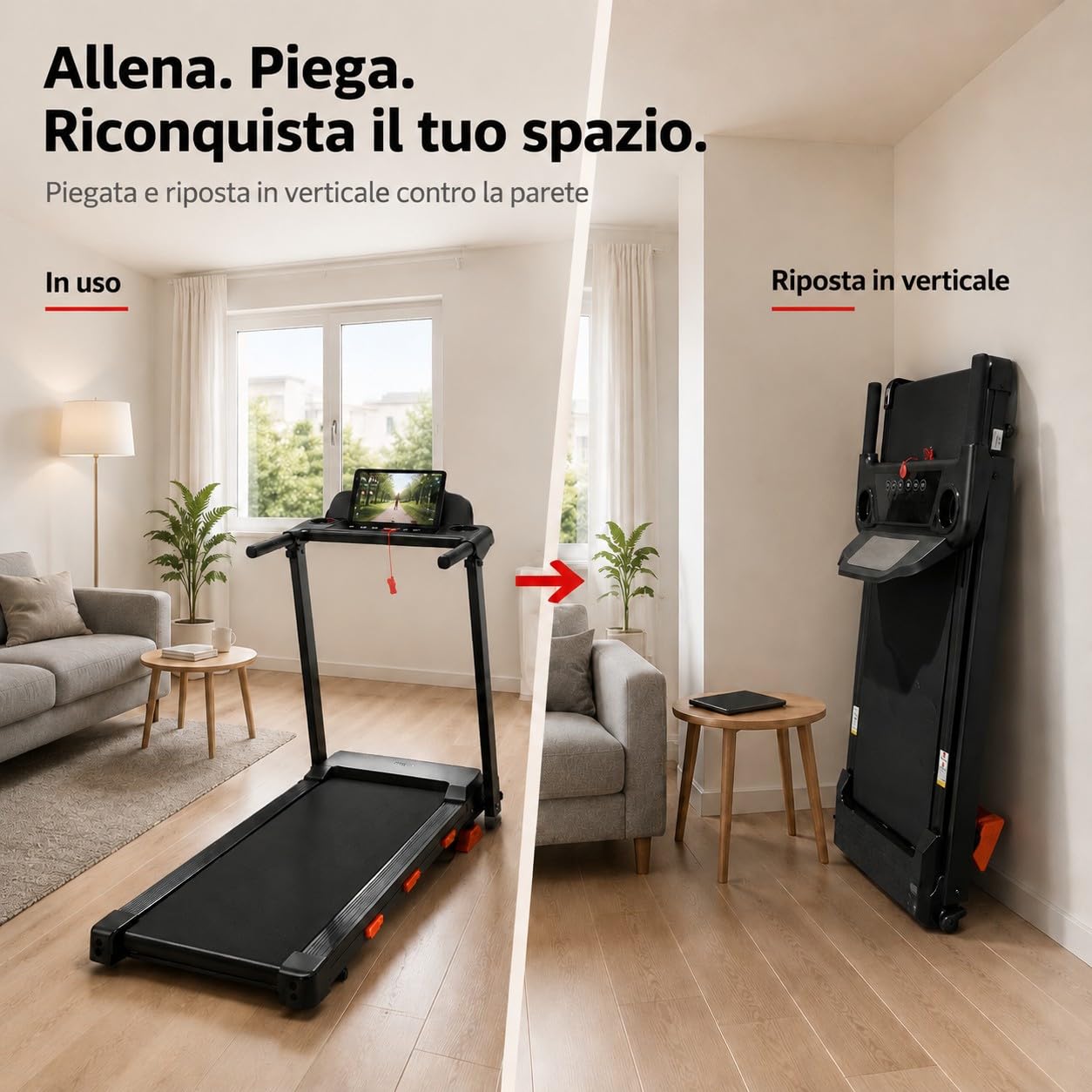 Tapis Roulant Salvaspazio con Inclinazione 15%, Tapis Roulant Elettrico Pieghevole per Casa, Walking Pad Pieghevole 12km/h, Motore Silenzioso 3.0HP, Display LED, Portata 159 kg