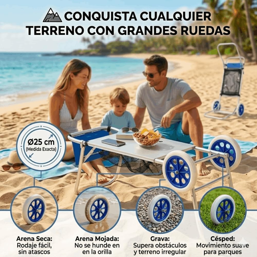 DEVESSPORT Carro de Playa Multifunción Convertible en Mesa Plegable | Ruedas Grandes, Aluminio Ligero, Bolsa de Red y Diseño Compacto para Transporte y Comodidad en la Playa o Camping