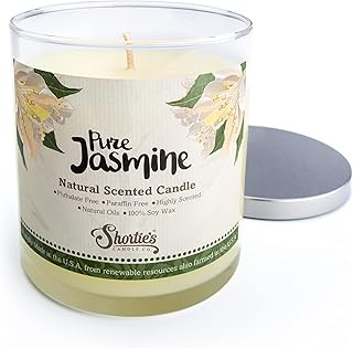 Pure Jasmine Scented Natural Soy Candle, Essential Fragrance Oils, 100% Soy, Phthalate & Paraben Free, Clean Burning, 9 Oz.