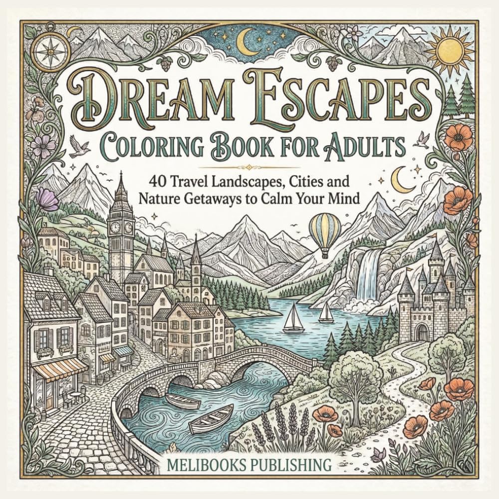 Dream Escapes Coloring Book for Adults: 40 Travel Landscapes, Cities and Nature Getaways to Calm Your Mind