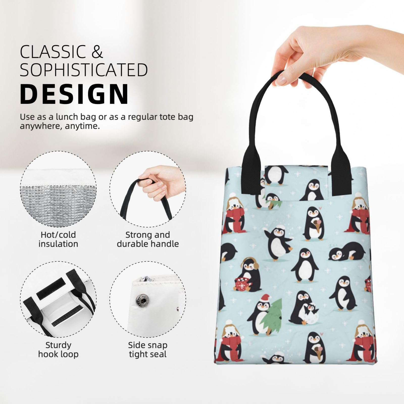 Penguin Bird Borsa Pranzo Termica Portatile – Isolata, Con Tasca, 25x20x10 Cm, Per Ufficio E Scuola - 4