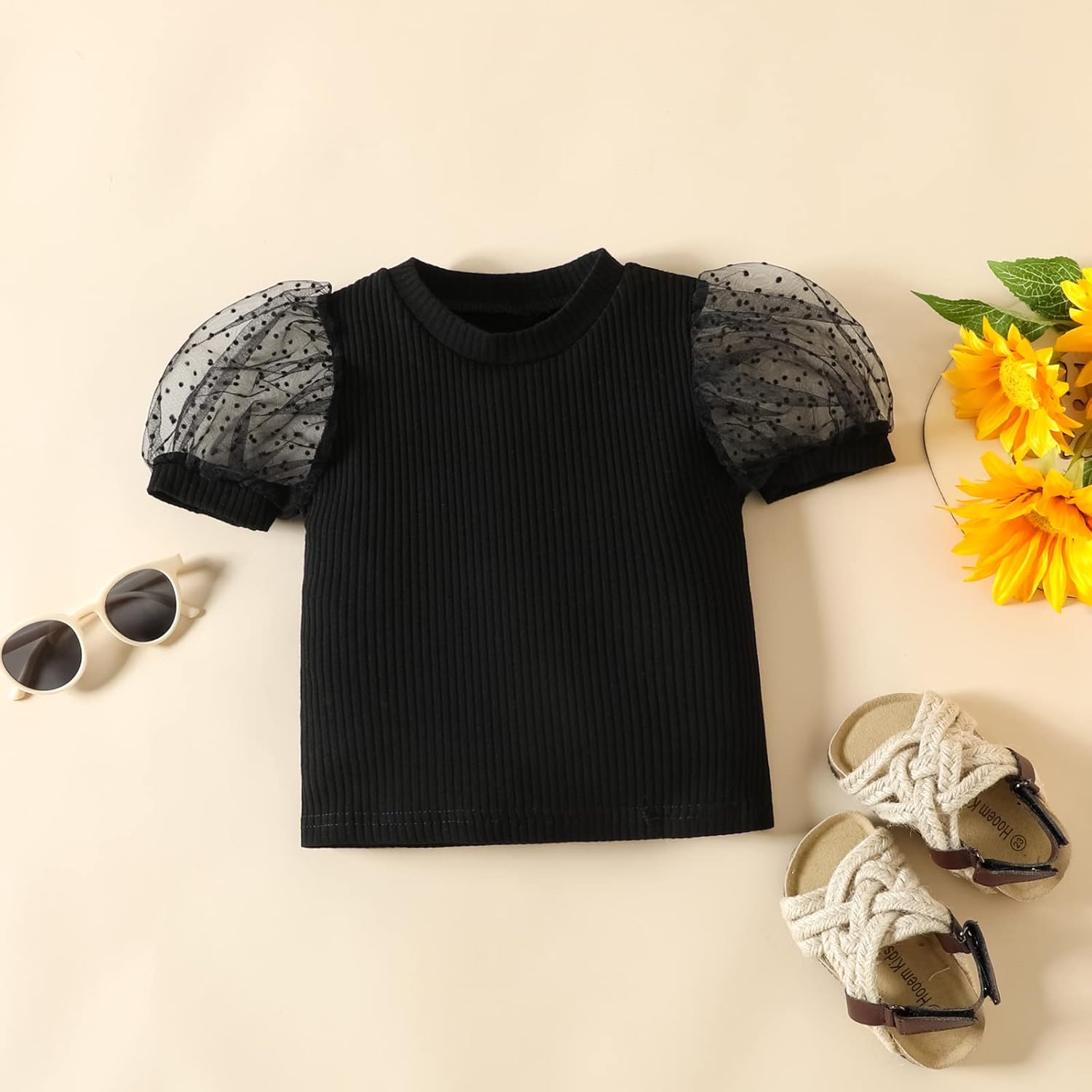 Miniatura 3 de DREAM BUS Conjunto de 2 piezas de ropa para bebé niña pequeña, manga corta, con volantes, parte superior floral, pantalones de verano