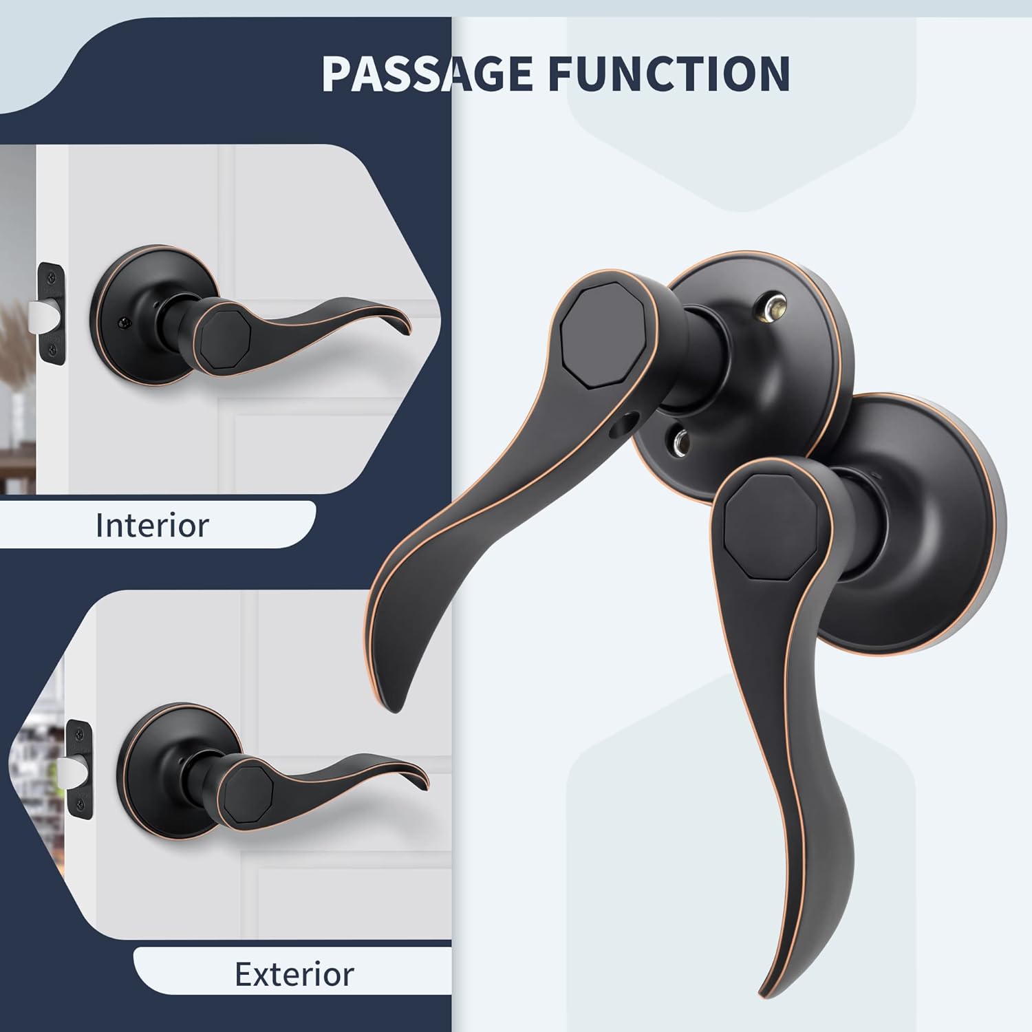 Wave Style Door Lever Passage Door Handle, Keyless Interior Lever Reversible for Left/Right Handed for Hallway and Closet with Oil Rubbed Bronze Finish, 1 Pack