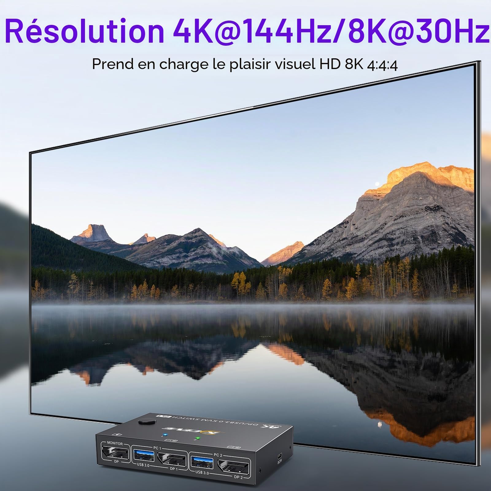 Commutateur KVM DisplayPort 4K @ 144 Hz, 2 PC 1 Moniteur, USB 3.0 pour 2 Pièces PC, 4 Appareils, Clavier, Souris avec Moniteur