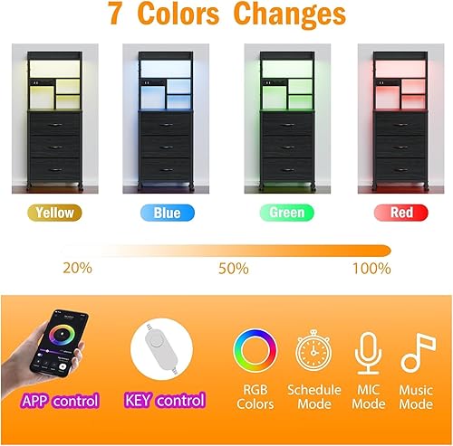 Miniatura 4 de Furnulem Mesita de noche alta con 3 cajones de tela y luces LED, mesita de noche con estantería, mesitas de noche de 45.3 pulgadas de alto con