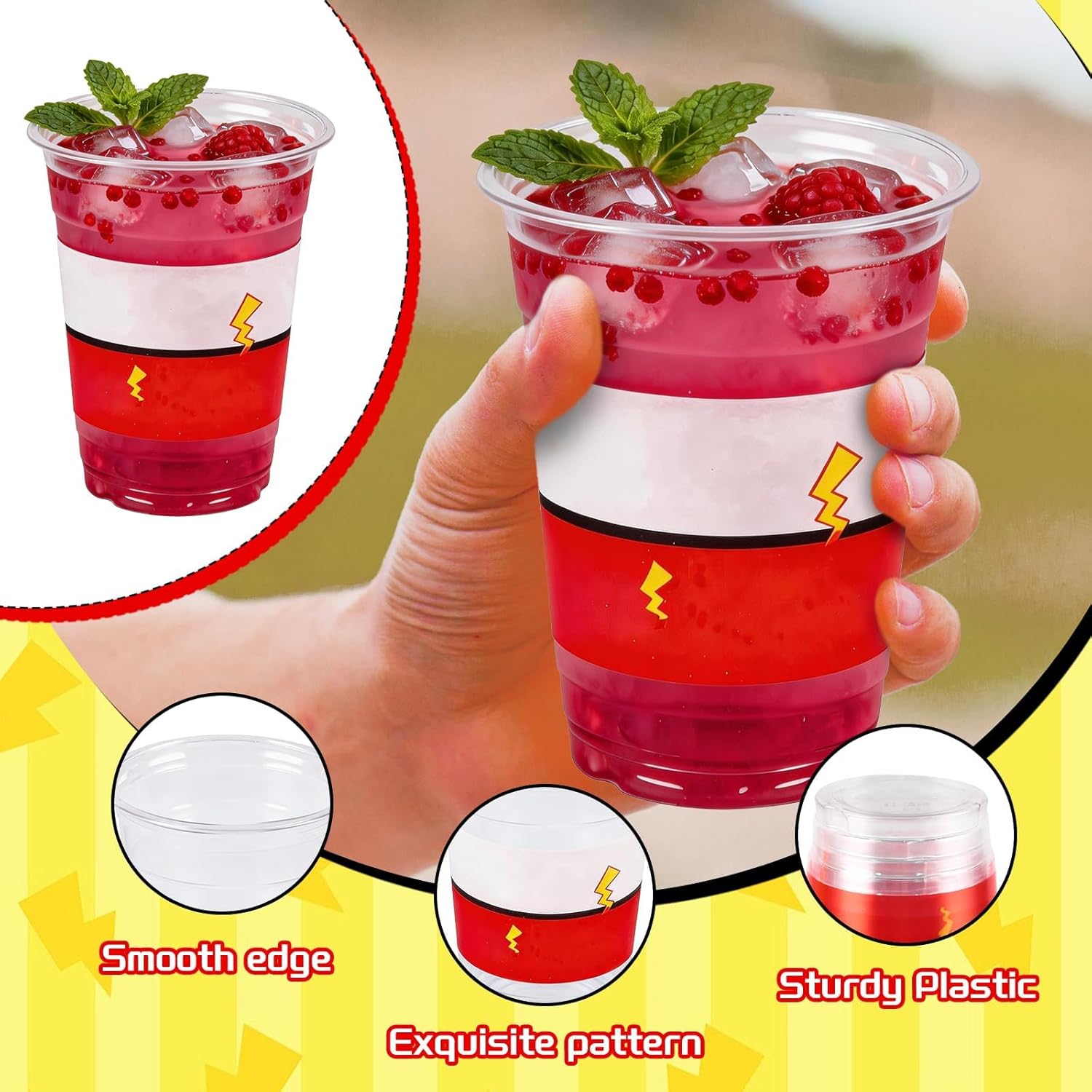 100 Pcs Cartoon Red White Plastic Birthday Party Cups, 12 Oz Clear Disposable Cups Set Coffee Wine Tea Drinks Container Home Cartoon Themed Holiday Party Favors Supplies Decoration