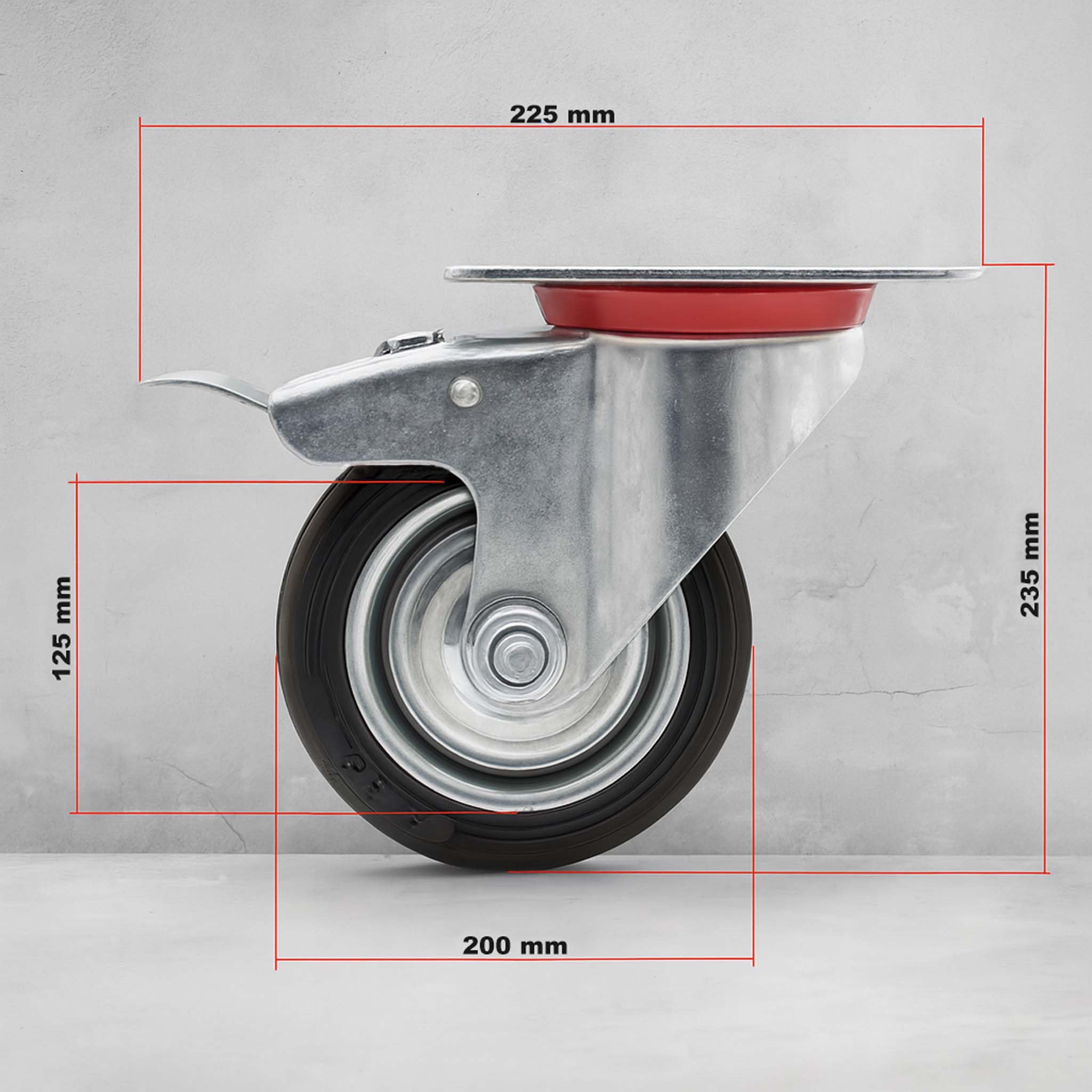 Wiltec Zestaw 4 szt. koło obrotowe do 150 kg udźwigu, ø200 mm gumowe, z podwójnym hamulcem, kółko transportowe z płytką mocowania, pełne skrętne jezdne