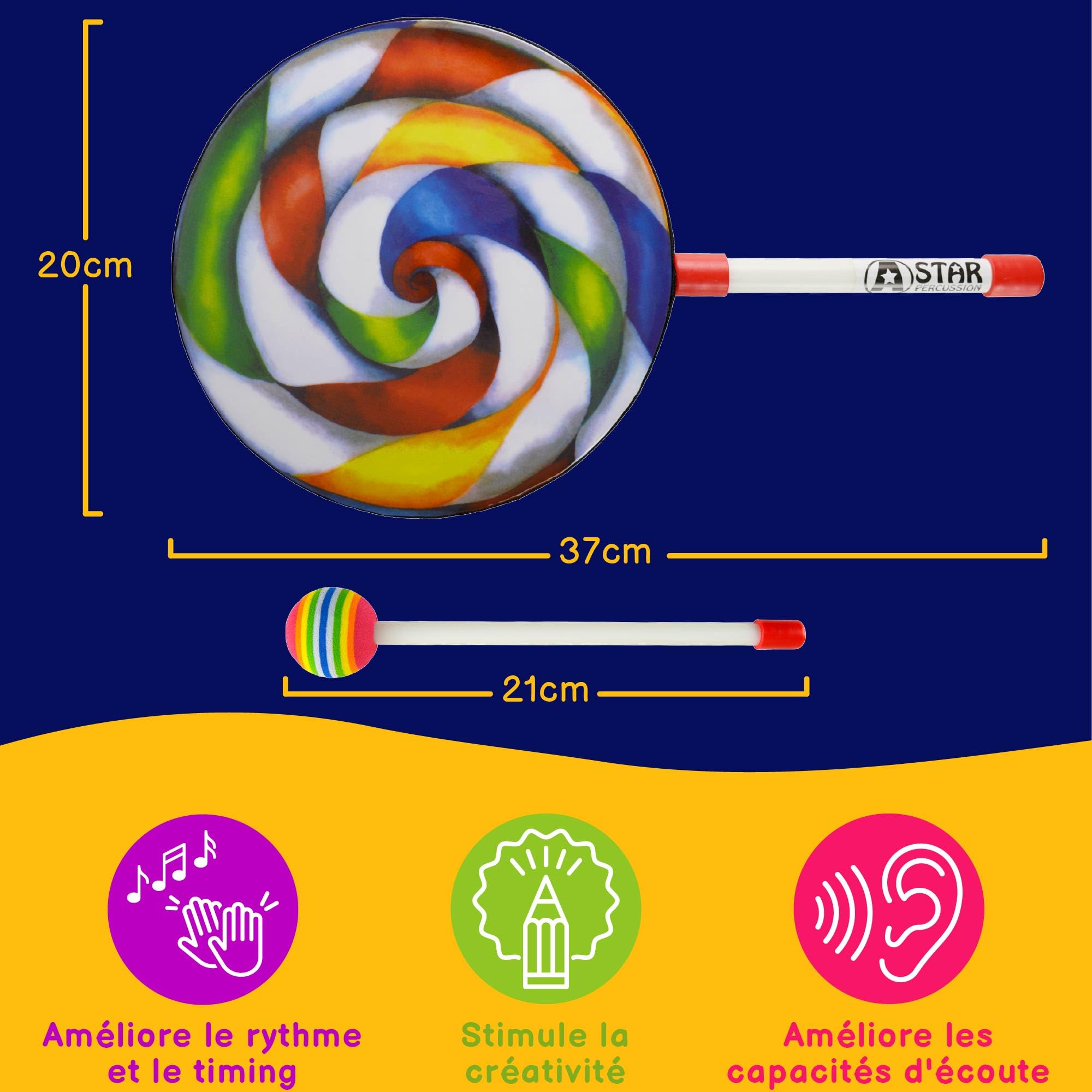 A-Star Tambour à main Lollipop de 8 pouces avec batteur à tête souple en plastique - Tambour arc-en-ciel de 20 cm