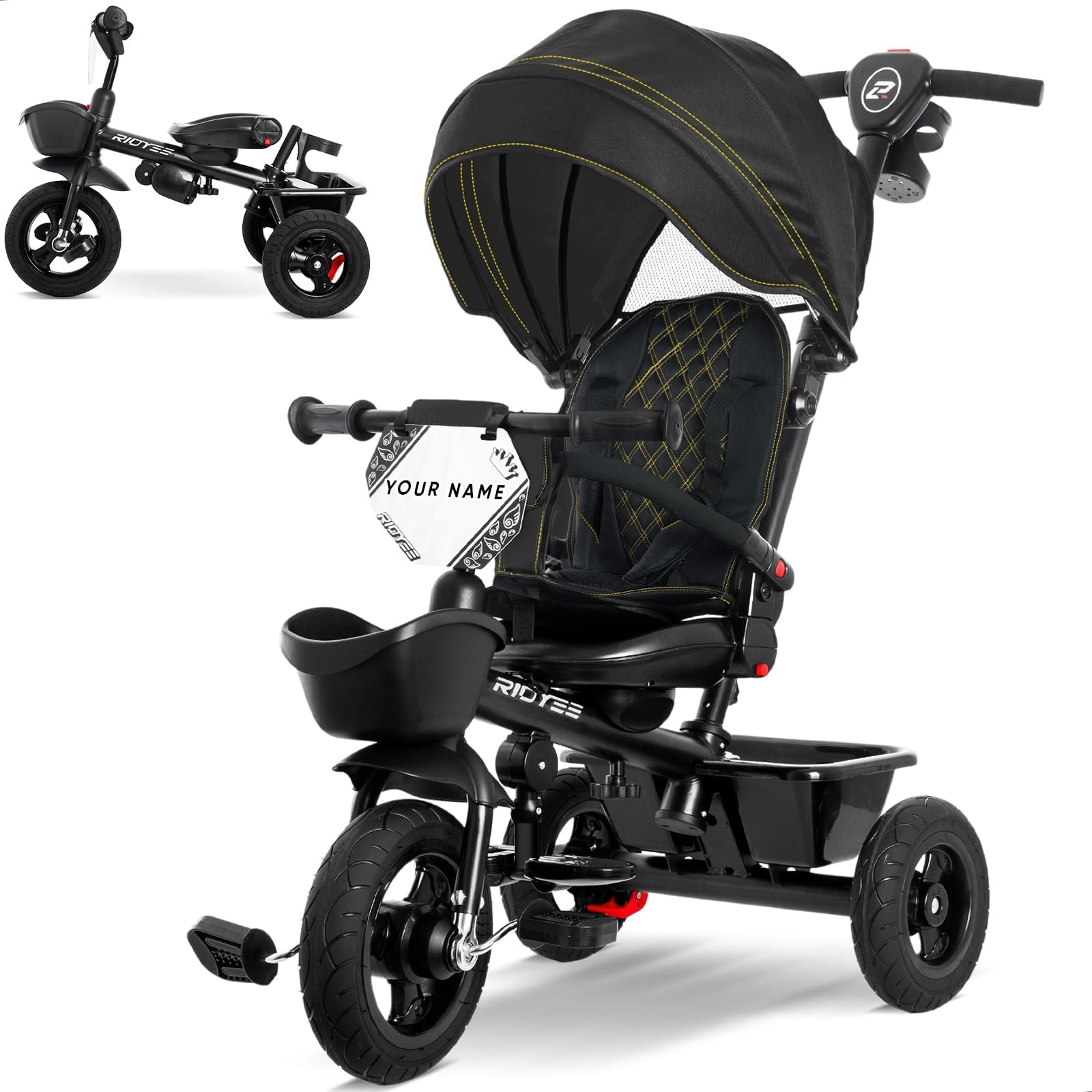 Triciclo 7 en 1 para 18 meses a 5 años, neumáticos de goma todo terreno, frenos de doble rueda, asiento giratorio para niños pequeños de 1.5 a 3 años, triciclo para 3 a 5 años con calcomanías