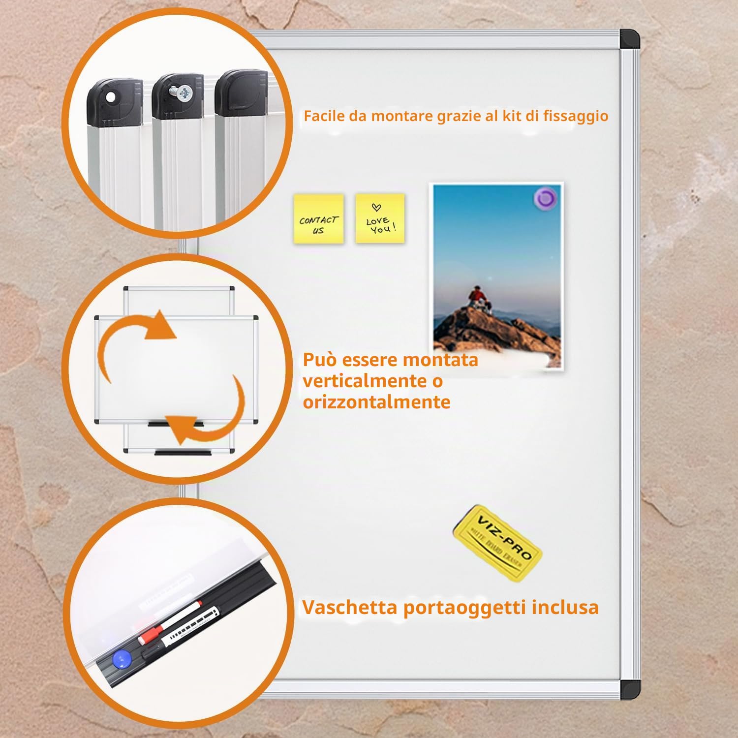 VIZ-PRO Lavagna Magnetica, Cornice in Alluminio, 60 x 45 cm