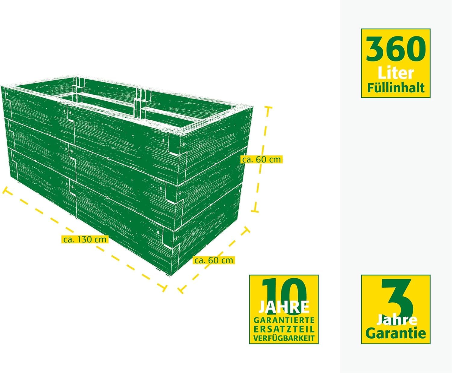 JUWEL Podwyższona grządka Timber zestaw 3 szt. (18 klocków, grządka na zioła, pojemność 360 l, imitacja drewna, system rabatek o wysokiej izolacji cieplnej, wymiary 130 x 60 cm, wysokość 60 cm