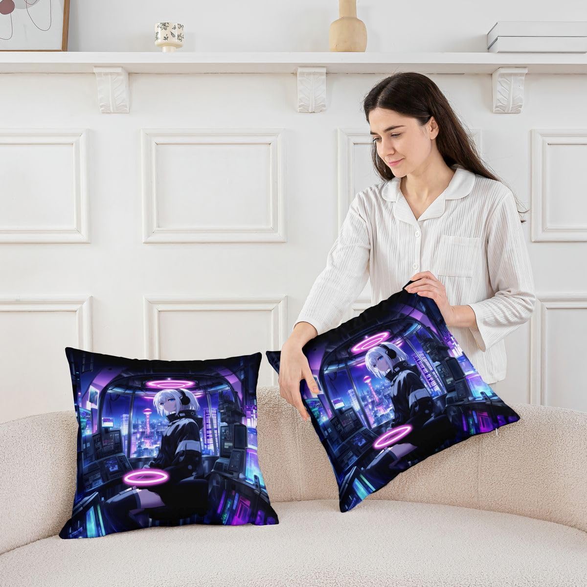 Feelyou Anime Girl Throw Pillow Covers 1 Pcs Japanese Girl Cushion Covers Japanese Anime Pillow Case for Couch Sofa Cyberpunk Cushion Case Black Blue Kids Boys Girls Bedroom Decor 16 x 16-Inch image 3
