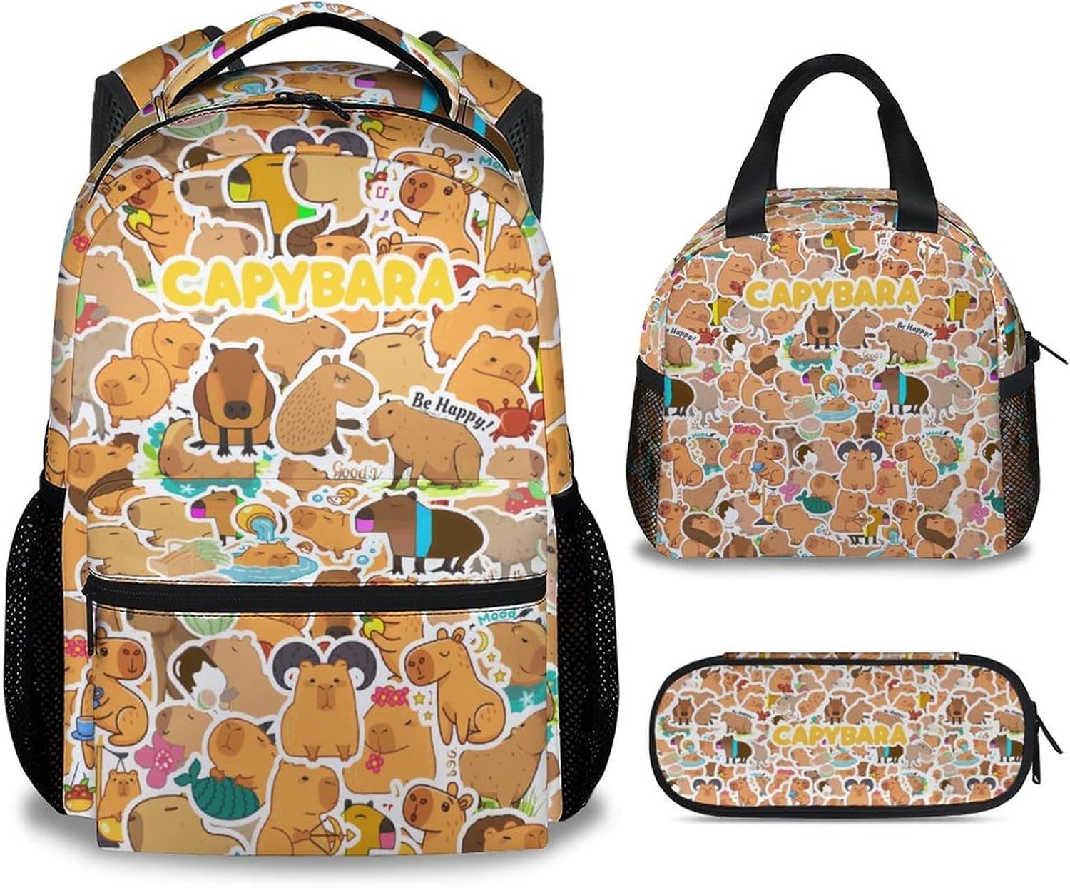 Backpack with Lunch Box for Kids, 3Pcs School Backpacks Matching Combo, Cute Yellow Bookbag and Pencil Case Bundle
