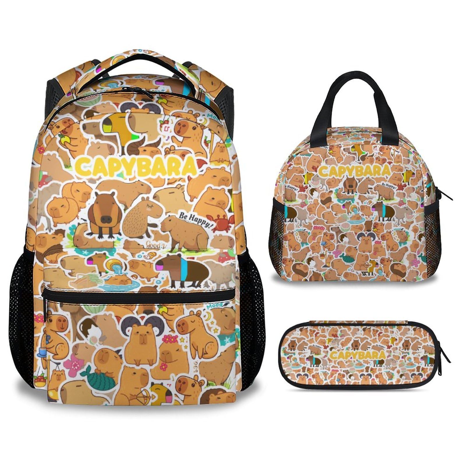 Backpack with Lunch Box for Kids, 3Pcs School Backpacks Matching Combo, Cute Yellow Bookbag and Pencil Case Bundle