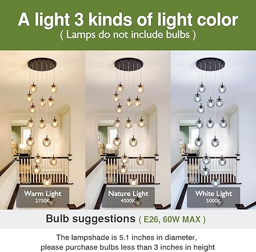 Miniatura 3 de SZXYKEJI Candelabro de 16 Luces Estilo Mediados de Siglo con Globo de Cristal para Escalera, Accesorio de Lámpara Colgante Larga, Candelabros