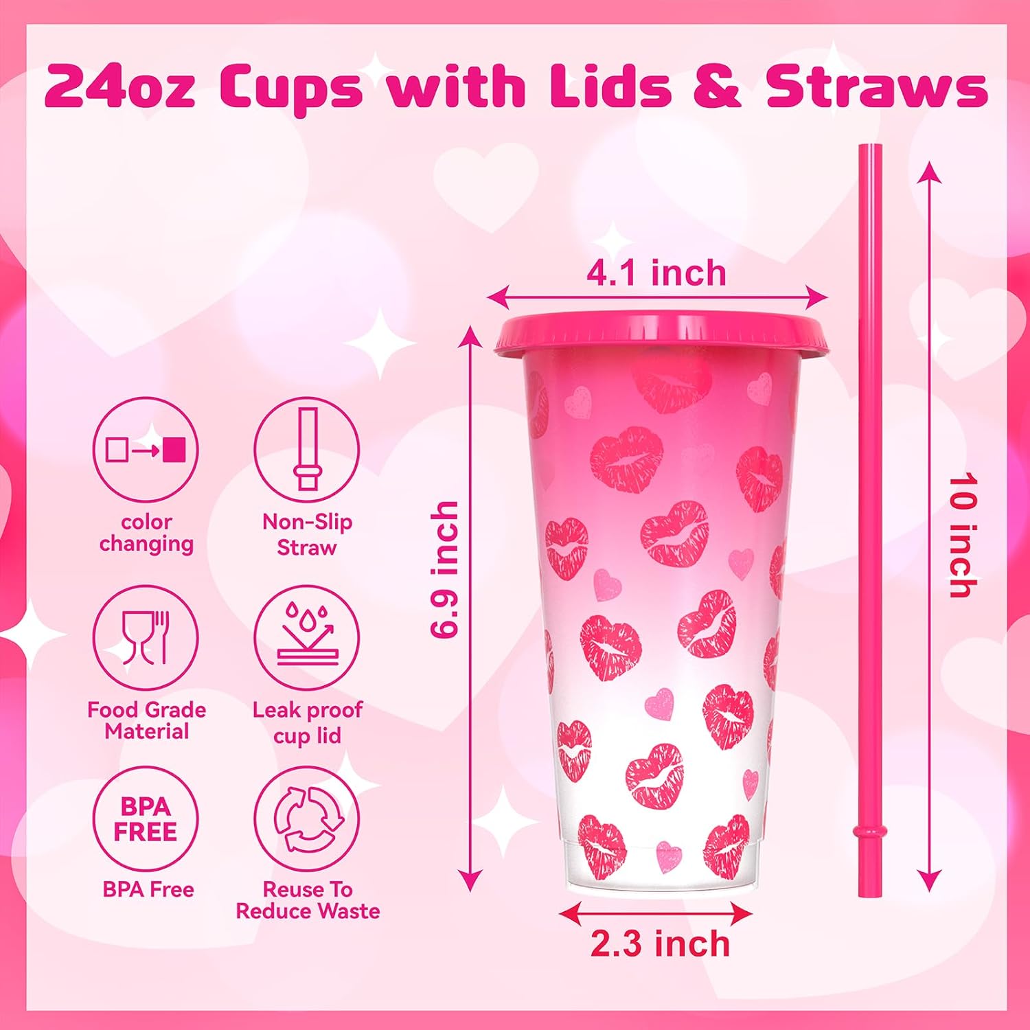 Color Changing Cups, 24 oz Plastic Reusable Tumblers with Lids and Straws for Party and Travel | for Iced Coffee Tea and Smoothie - 5 Pack, Heart Style,Valentine's Day Gift, BPA-free - Image 3