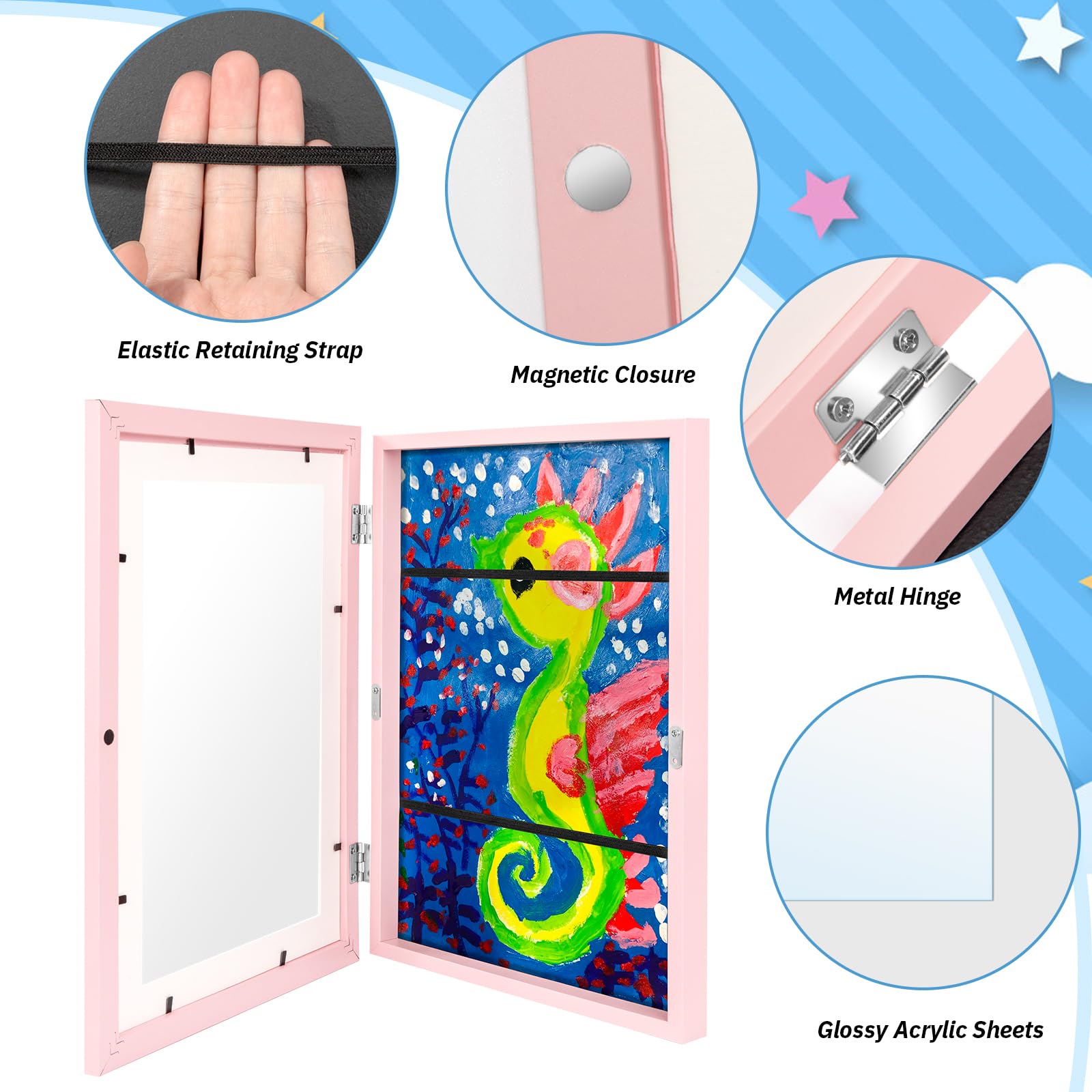 Cornice per Bambini A4 Apertura Frontale Cornice Artistica per Bambini Cornice Intercambiabile per Disegni di Bambini, Opere D'arte, Progetti Artistici (Rosa)