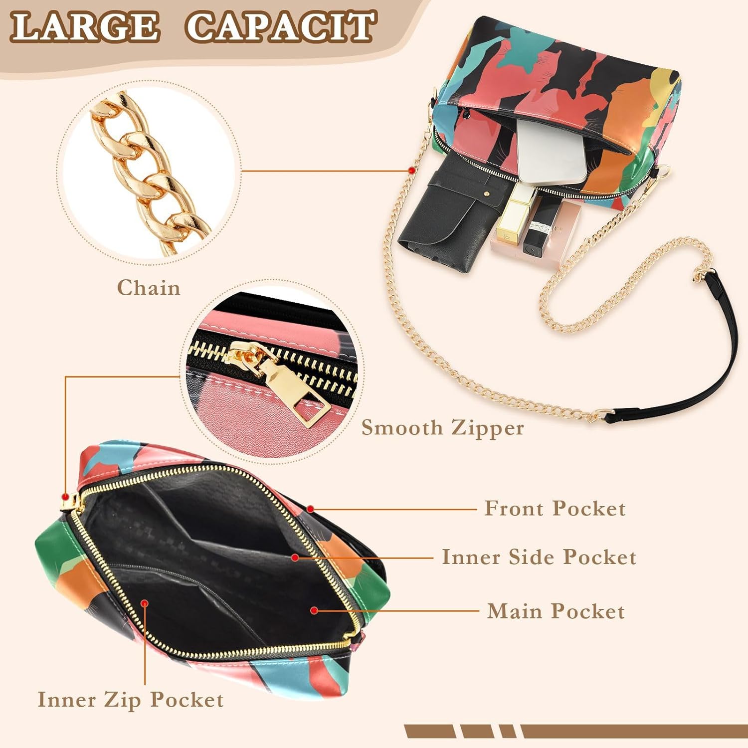 KLL Coloful Cats Shadow Art Fashion Crossbody Bags For Women Vegan Leather Womens Cross Body Purses Waterproof Shoulder Hand Bags