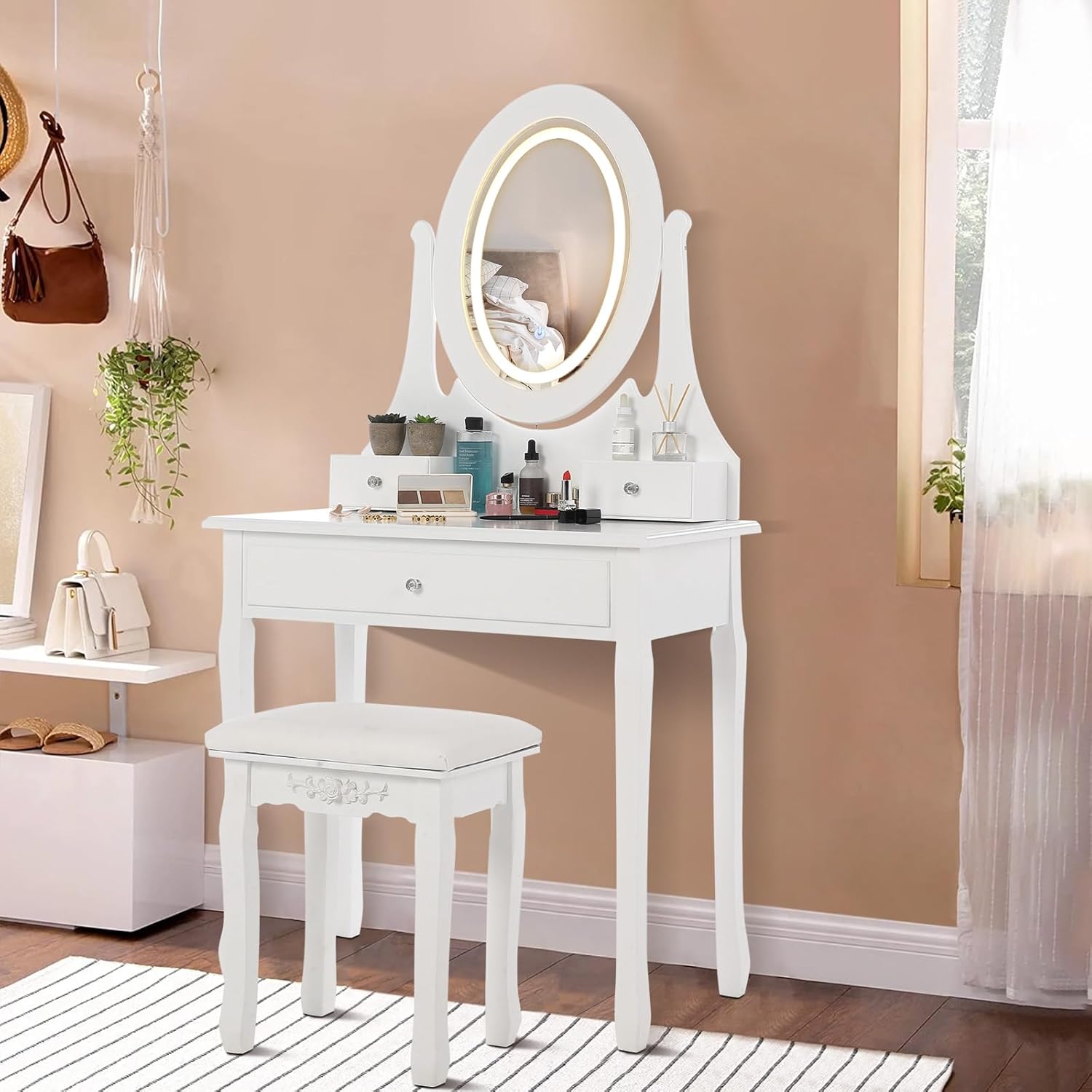 GarveeHome Vanity Table with LED Lighted Oval Mirror,Modern Makeup Dressing Table with Cushioned Stool, 3 Color Lighting Modes, and 3 Storage Drawers, Girls Women Vanity Desk for Bedroom, White