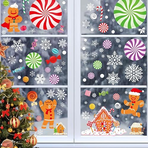 Adhesivos de Navidad para ventana, 137 calcomanías de Navidad de hombre de jengibre, decoraciones de dulces de menta de Navidad de doble cara para