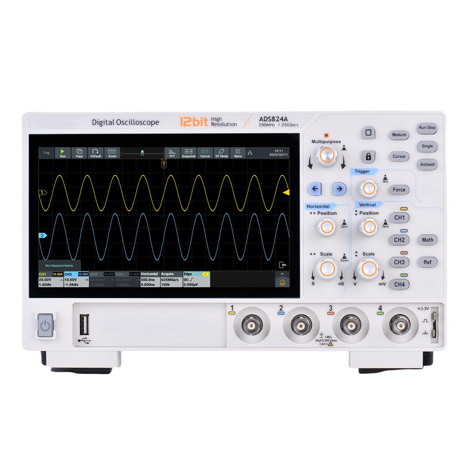 Luocute 200-MHz-Digitaloszilloskop, 12 Bit, Hohe Auflösung, 4 Kanäle, 1,25 GSa/s, Echtzeit-Abtastung, 50 M Tiefe, 700.000 Wfms/s, Erfassungsrate mit Protokolldekodierung (EU-Stecker 100-240 V)