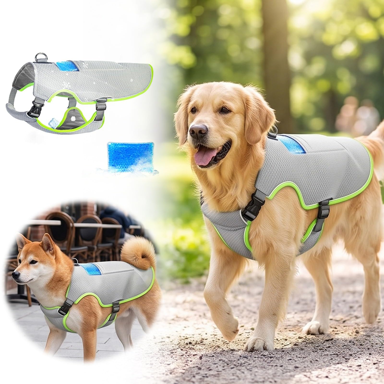 Kühlende Hundeweste, verstellbare Kühlweste für Hunde, Verdunstungskühlungsjacke für Hunde, leichter, atmungsaktiver Netz-Sommermantel für Spaziergänge, Wandern, Training, Minzgrün und Grau, Größe XXL