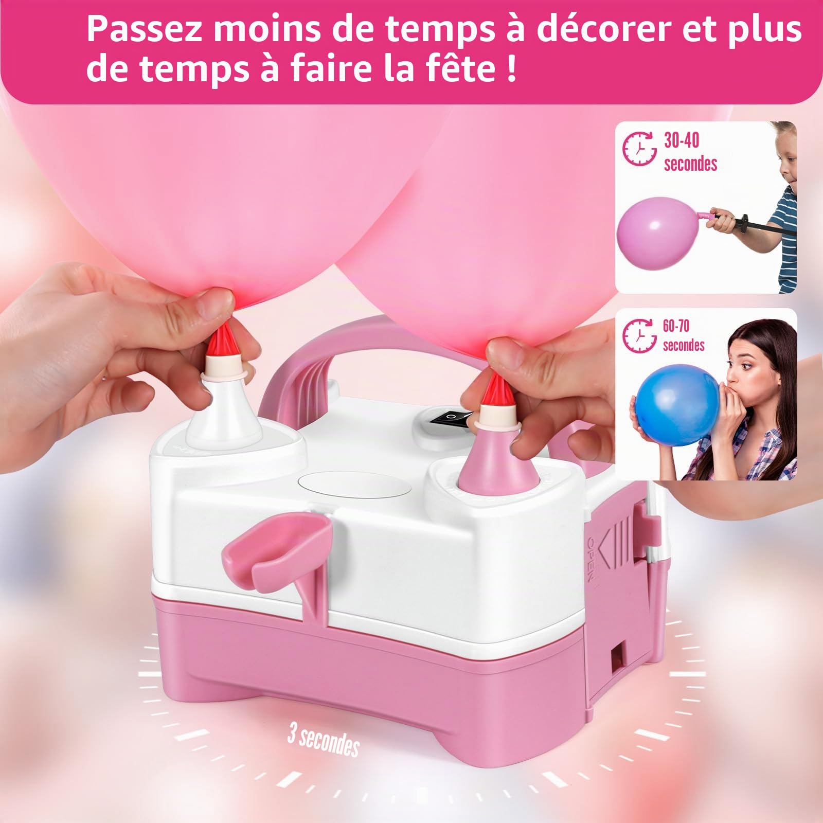 HELESIN Pompe à Ballons Électrique, Gonfleur Ballon Portable avec 4 Accessoires, Pompe à Air Electrique avec Gonfleur à Double Buse, Pompe Ballon d'anniversaire, Fête, Décoration de Noël