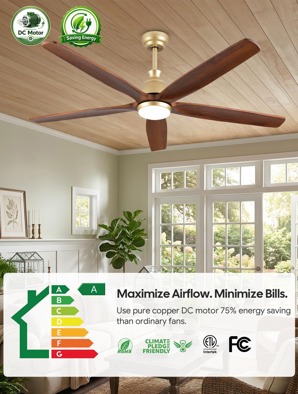 Ventilador de Techo con Luz y Mando a Distancia Madera, 132cm, Motor DC Reversible Silencioso, 6 Velocidades, 8H Temporización, Ventilador de Techo Moderno de 5 aspas para Interior y Exterior