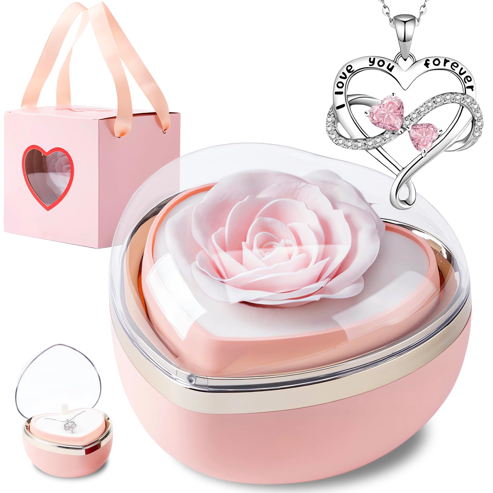goldmiky Rosa Eterna con Collana, Rosa Stabilizzata Rossa Cofanetto,Fiori Eterni con Collana Cuori Regalo, per Idea Regalo Donne la Moglie a Natale,San Valentino,Festa della Mamma